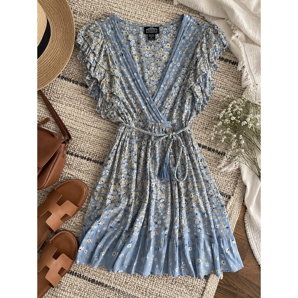 Angie Blue Floral Ruffle Mini Dress Surplice V-Neck Tassel Tie Large